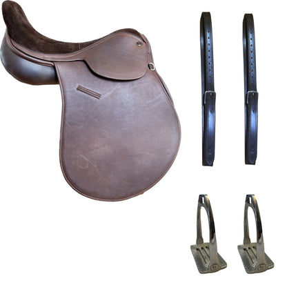 Oveja Polo saddle bundle with reinforced stirrup leathers and 4 bar stirrups iron. Handcrafted in Argentina. Customizable.