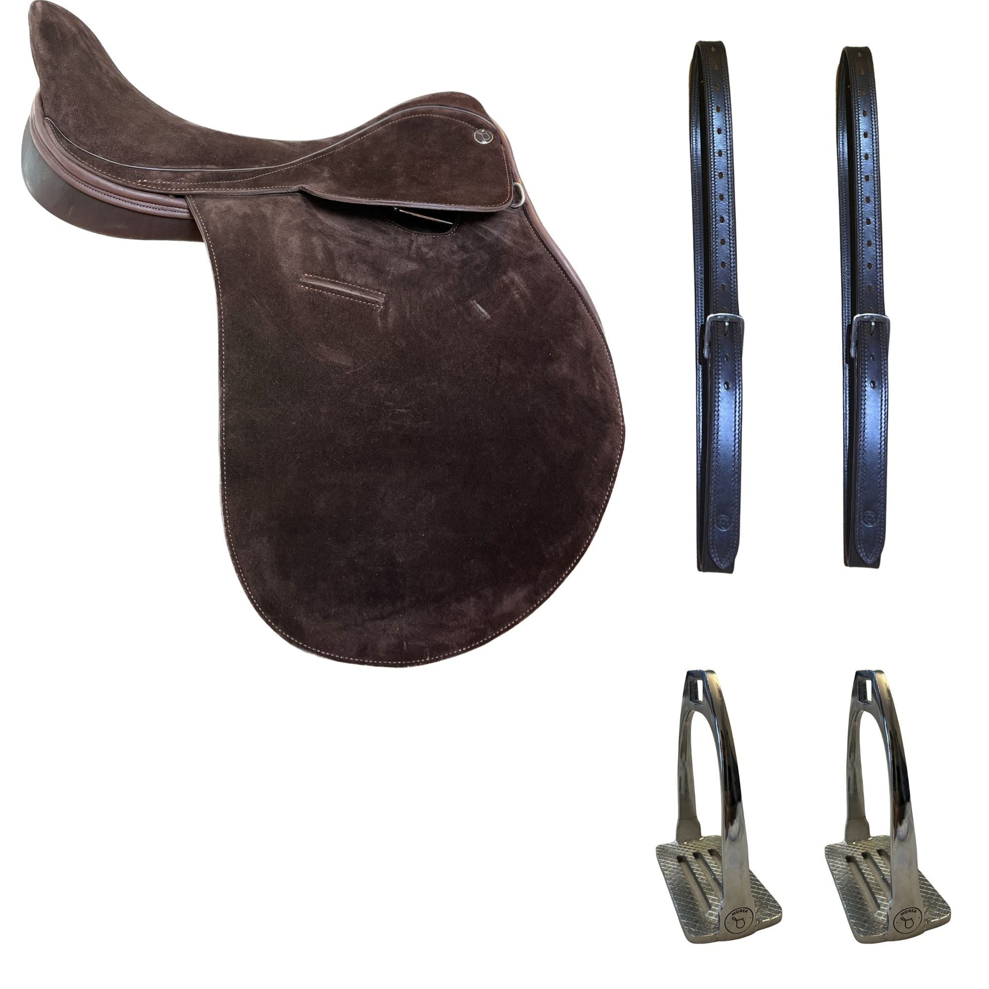 Delpa Polo saddle bundle with reinforced stirrup leathers and 4 bar stirrups iron. Handcrafted in Argentina. Customizable.