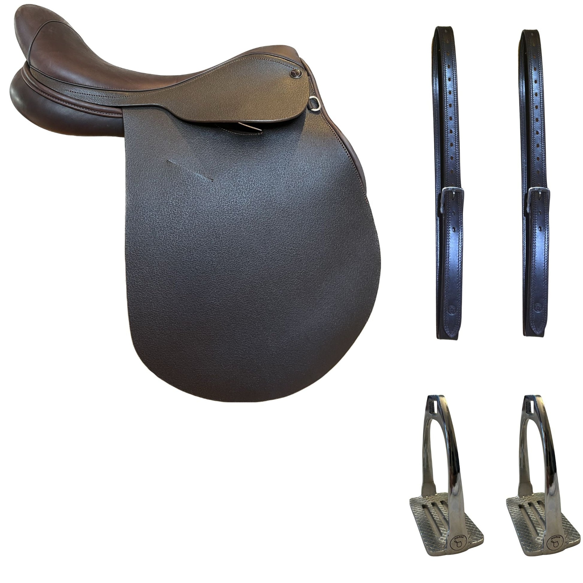 Aiti Polo saddle bundle with reinforced stirrup leathers and 4 bar stirrups iron. Handcrafted in Argentina. Customizable.